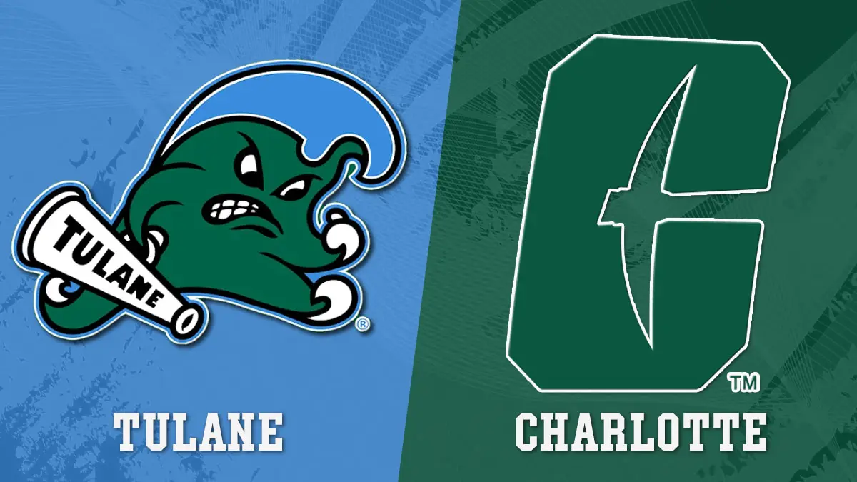 Tulane at Charlotte college football matchup graphic 2026, featuring logos from each team.