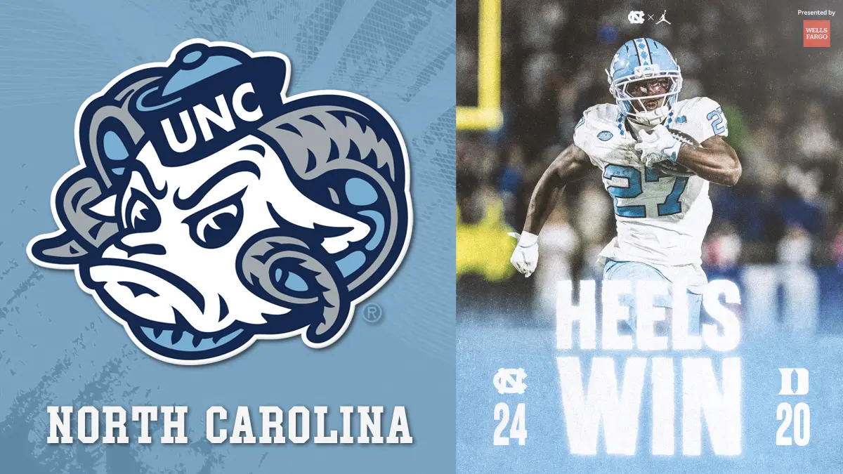 The UNC rams head logo next to the Tar Heels victory graphic following its 24-20 football win over Duke